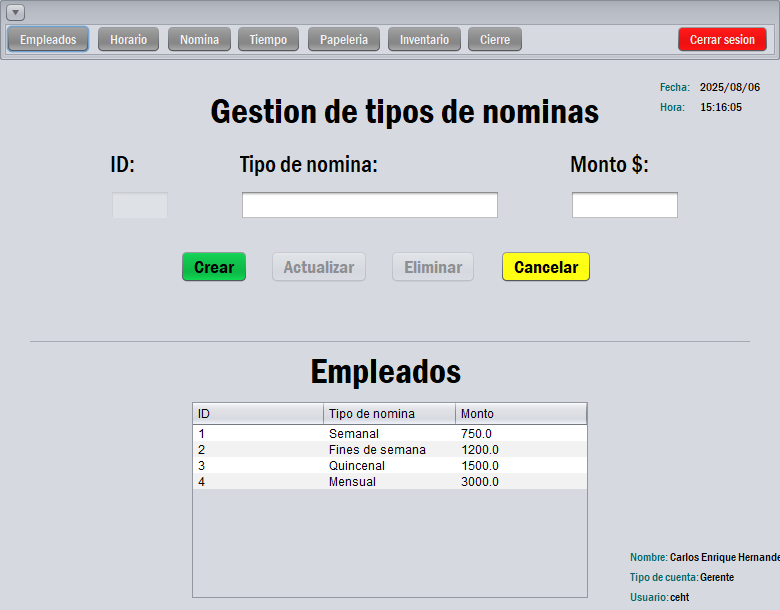 Gestión de los tipos de nóminas